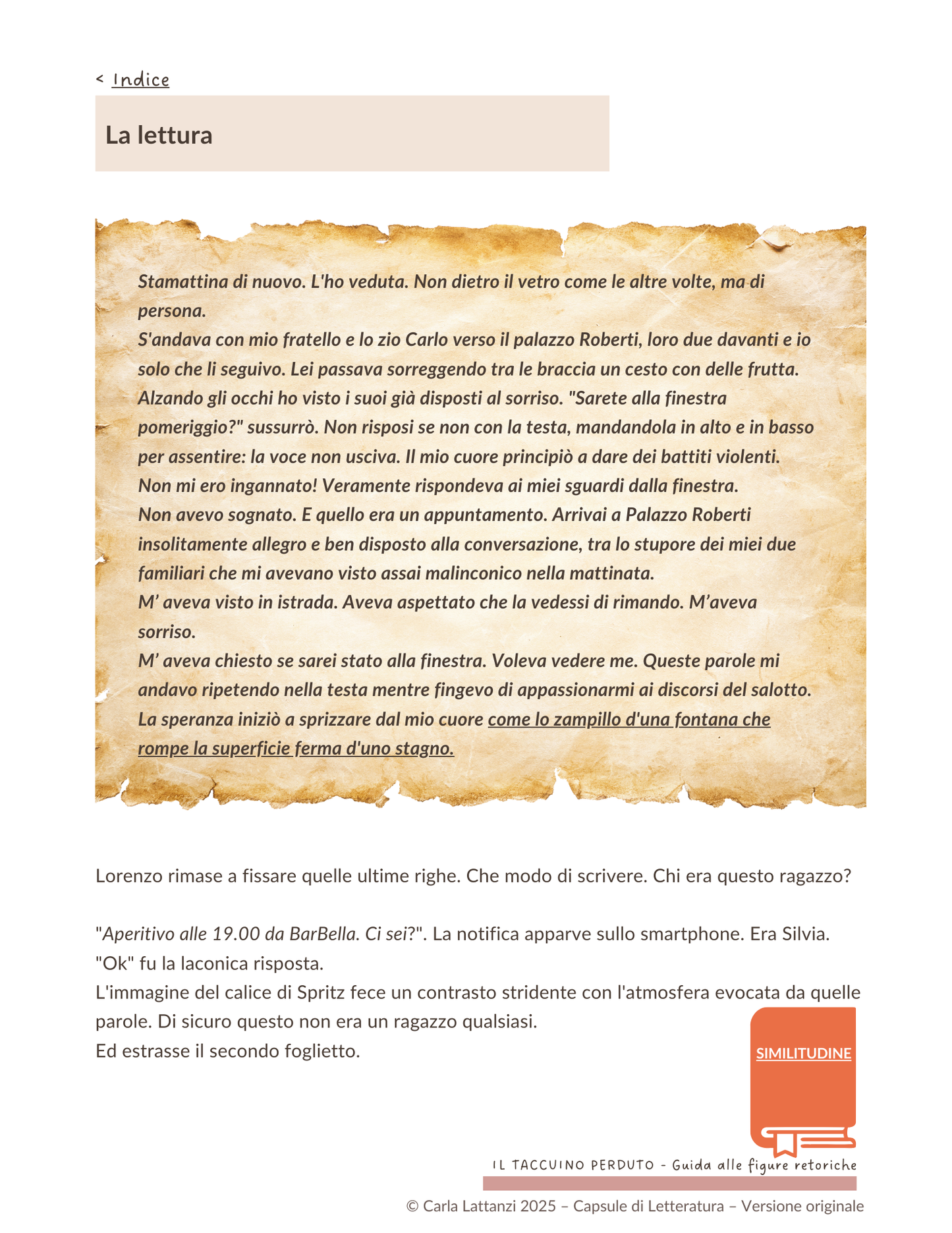 Foglio di carta antica proveniente dal taccuino perduto di Giacomo Leopardi (nella finzione del racconto).