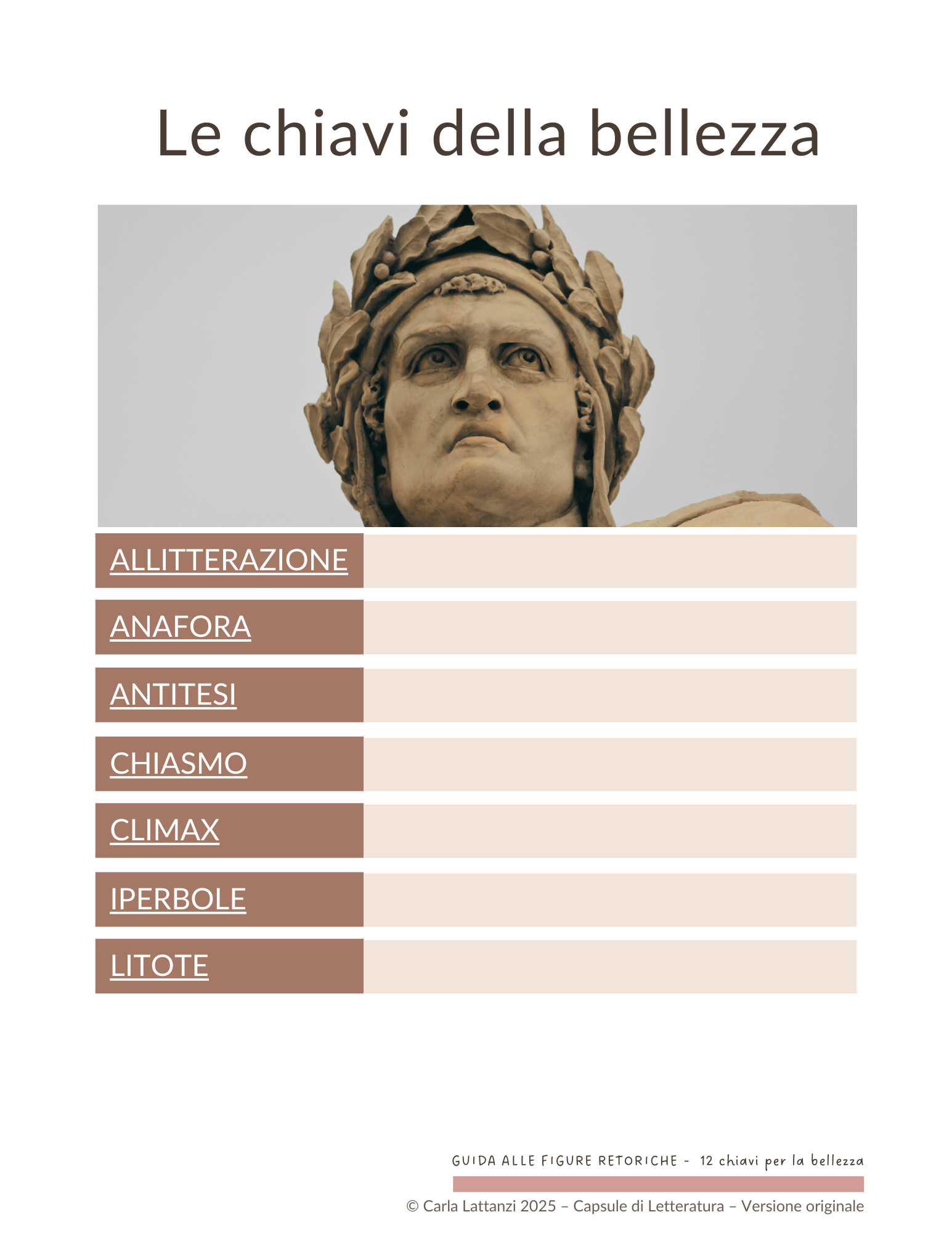 Statua di Dante Alighieri; elenco delle figure retoriche presenti nel libro: allitterazione, anafora, antitesi, chiasmo, climax, iperbole, litote.