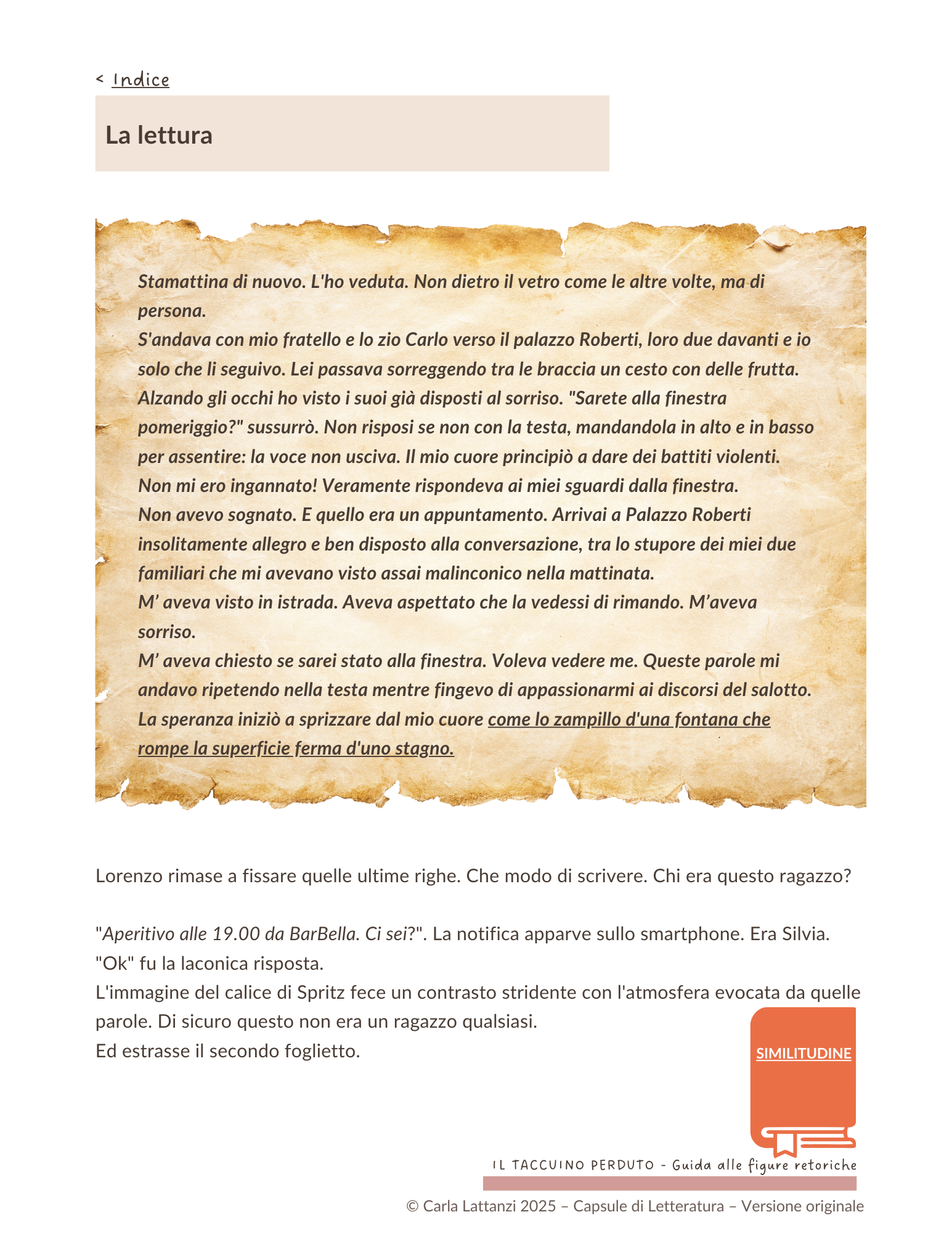 Foglio di carta antica proveniente dal taccuino perduto di Giacomo Leopardi (nella finzione del racconto). 